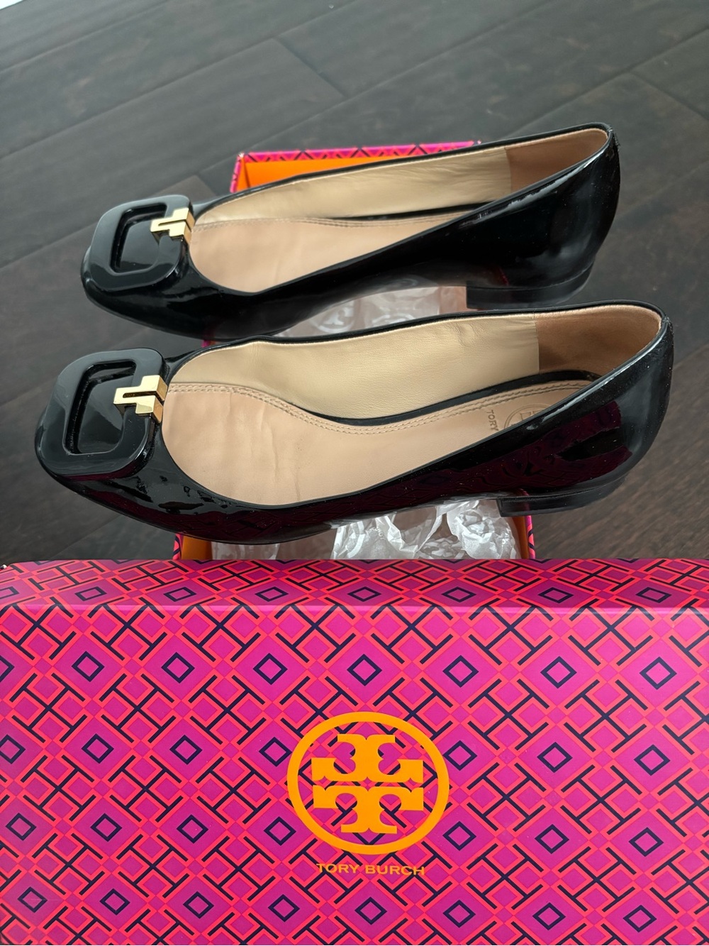 Tory Burch Black Patent Leather Flats with Gold Logo Accent - Picture 3 of 7